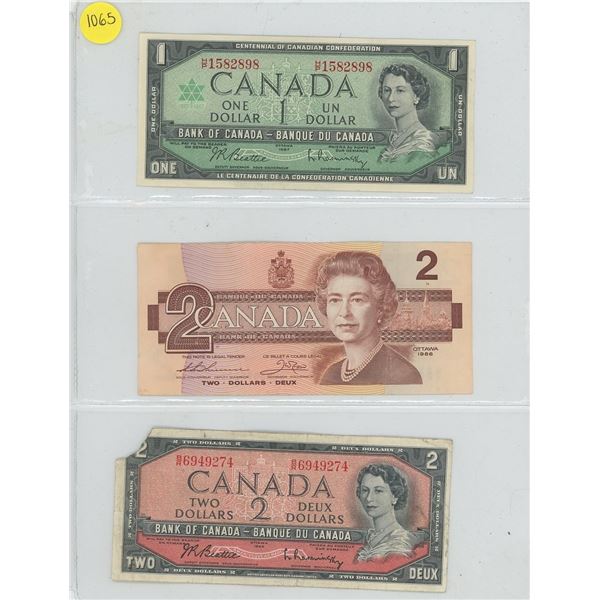 Sheet of 3 Canadian Bank Notes - 1967 One Dollar Note, 1986 Two Dollar Note, 1954 Two Dollar Note
