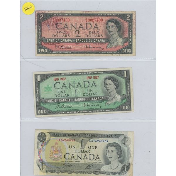 Sheet of 3 Canadian Bank Notes - 1954 Two Dollar Note, 1967 One Dollar Note, 1973 One Dollar Note