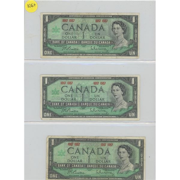 Sheet of 3 Canadian Bank Notes - 1967 One Dollar Note x 3