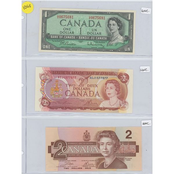 Sheet of 3 Canadian Bank Notes - 1954 Uncirculated One Dollar Note, 1974 Uncirculated Two Dollar Not