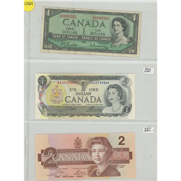 Sheet of 3 Canadian Bank Notes - 1954 One Dollar Note, 1973 Gem Uncirculated One Dollar Note, 1986 G
