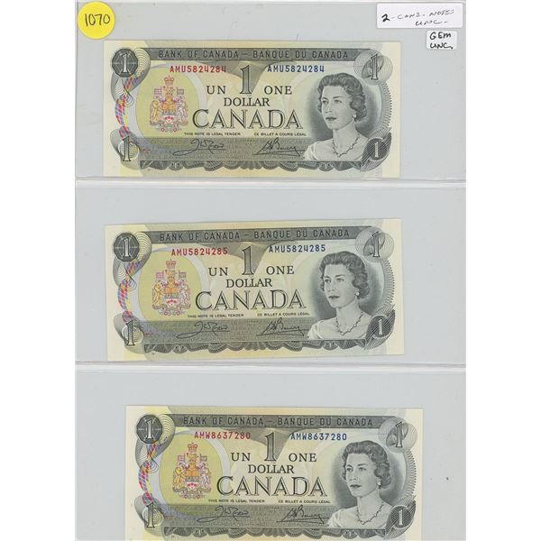 Sheet of 3 Canadian Bank Notes - 1973 Gem Uncirculated One Dollar Notes x 3