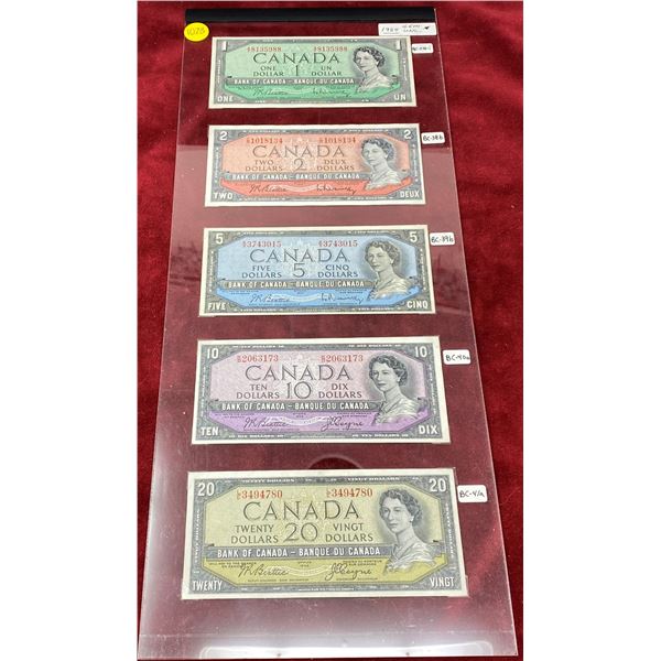 One Plexiglass Holder with Five 1954 Canadian Gem Uncirculated Bank Notes - One Dollar, Two Dollar, 