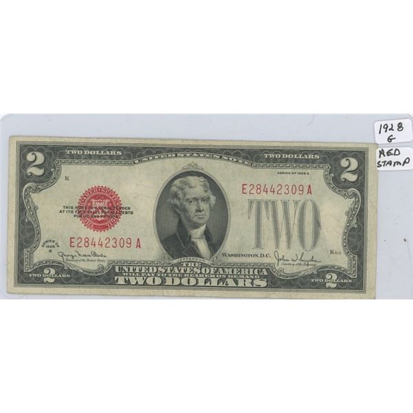 1928 USA Two Dollar Bank Note - Red Stamp - Prefix # E28442309A