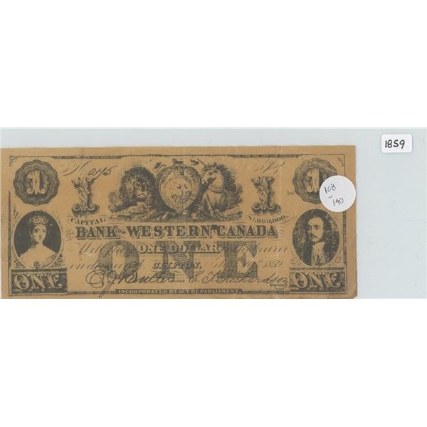 1859 Bank of Western Canada One Dollar Note - certification not verified