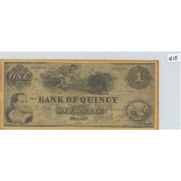 1818 Bank of Quincy State of Illinois One Dollar Bank Note - certification not verified