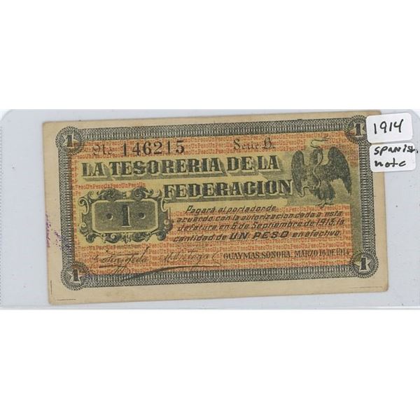 1914 Spanish Note - One Peso