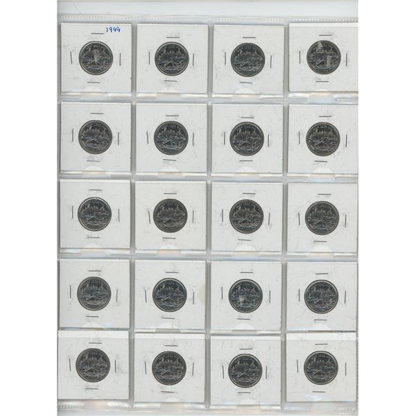 One Sheet 1999 Canadian Twenty-Five Cent Pieces in 2 x 2s