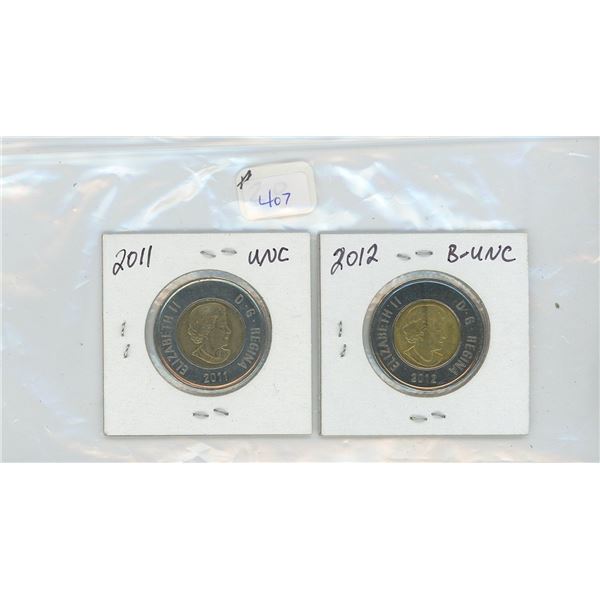 2011 Unc & 2012 B Unc  Canadian Toonies