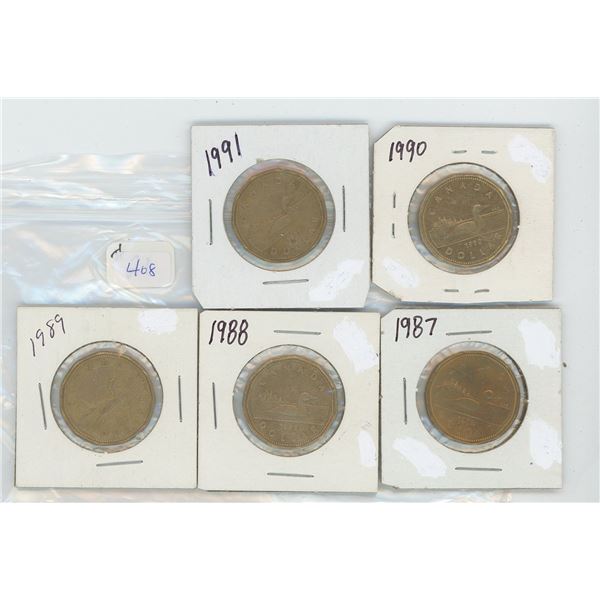 1987-1988-1989-1990-1991 Canadian Loonies (lot of 5)
