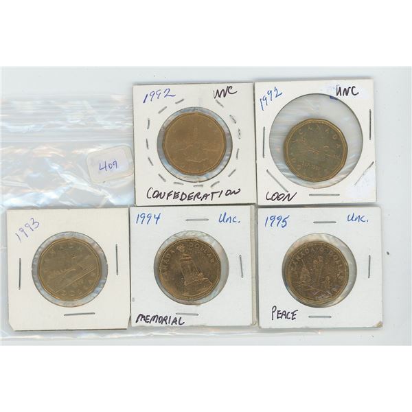 1992 Confederation- 1992 Loon- 1993-1994 Memorial-1995 Peace- Unc Canadian Loonies (lot of 5)
