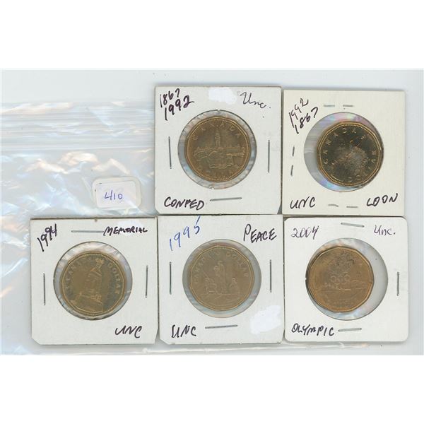 1992 Confederation- 1992 Loon-1994 Memorial-1995 Peace- 2004 Olympic- Unc Canadian Loonies (lot of 5