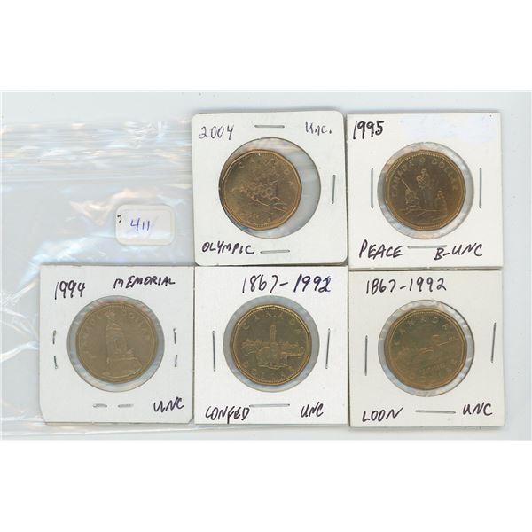 1992 Confederation- 1992 Loon-1994 Memorial-1995 Peace- 2004 Olympic- Unc Canadian Loonies (lot of 5