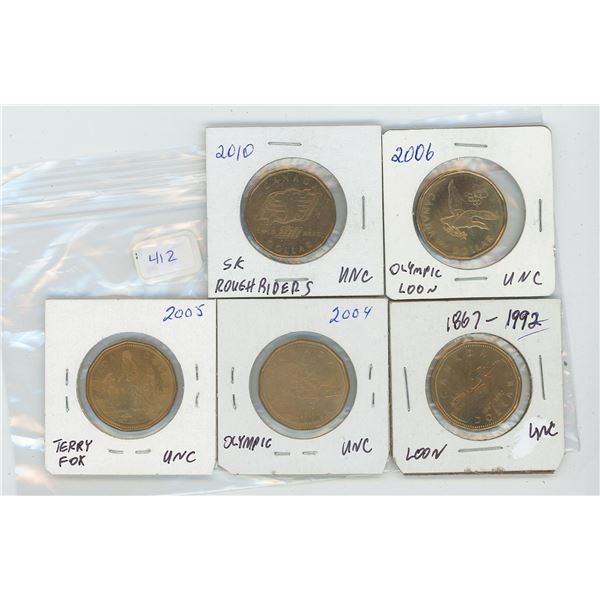 1992 Loon-2004 Olympic- 2005 Terry Fox-2006 Olympic Loon- 2010 Sk Rough Riders- Unc Canadian Loonies