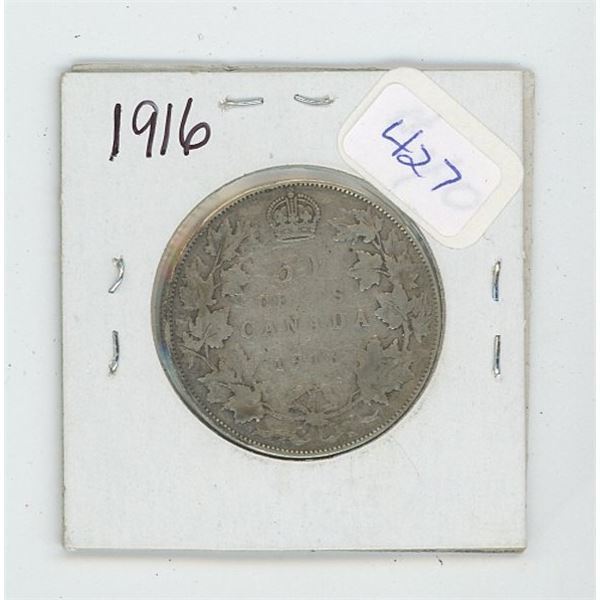 1916 King George V Canadian Silver 50 Cent Piece