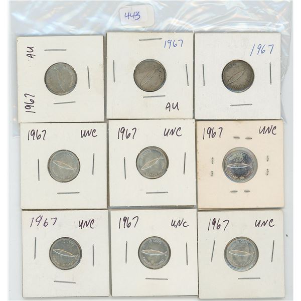 9 Canadian Silver 10 Cent Pieces