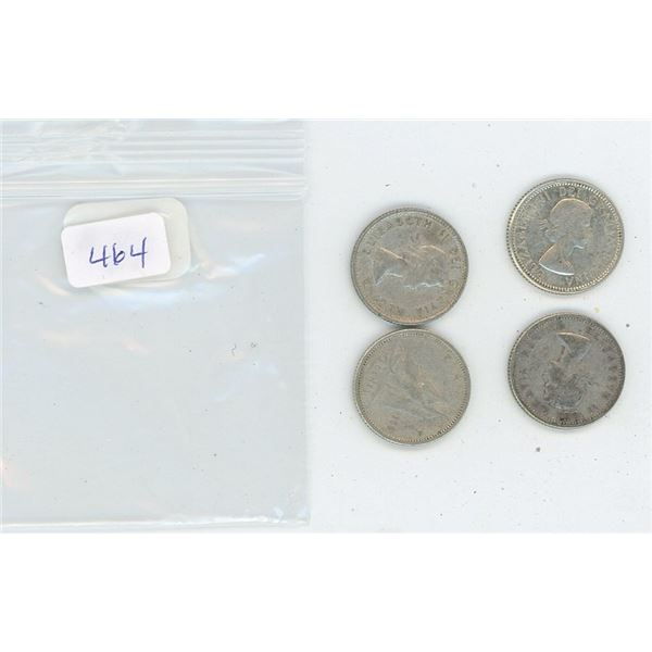 4 Canadian Silver 10 Cent Pieces