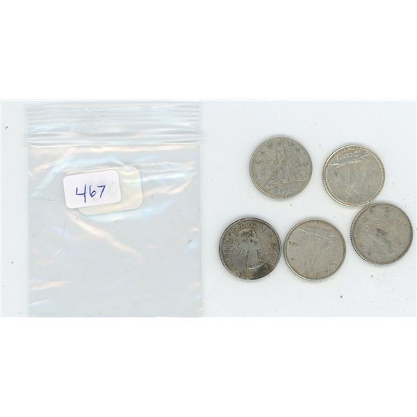 5 Canadian Silver 10 Cent Pieces