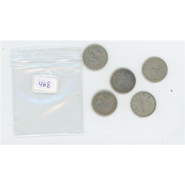5 Canadian Silver 10 Cent Pieces