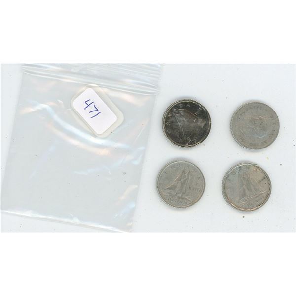 4 Canadian Silver 10 Cent Pieces