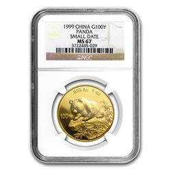 1999 China 1 oz Gold Panda MS-67 NGC (Small Date)