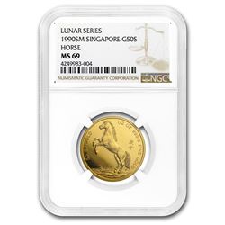1990 Singapore 1/2 oz Gold 50 Singold Horse MS-69 NGC