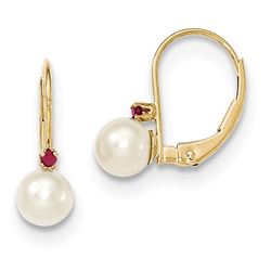 14k 5-5.5 mm White Cultured Pearl & .02ct. Ruby Leverback Earring