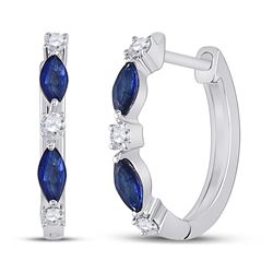 14kt White Gold Womens Marquise Blue Sapphire Diamond Hoop Earrings 3/8 Cttw