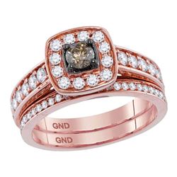 14kt Rose Gold Womens Round Brown Diamond Bridal Wedding Ring Band Set 1 Cttw
