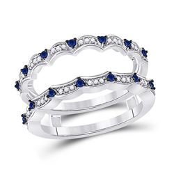 14kt White Gold Womens Round Diamond Blue Sapphire Negative Space Band Ring 1/3 Cttw