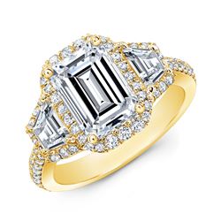 Natural 2.72 CTW Halo Emerald Cut & Trapezoids Diamond Engagement Ring 14KT Yellow Gold