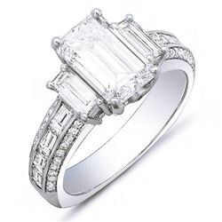 Natural 3.32 CTW Emerald Cut & Baguettes Diamond Engagement Ring 14KT White Gold