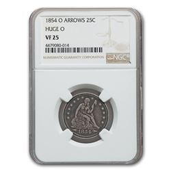1854-O Liberty Seated Quarter VF-25 NGC (Huge O, Arrows)