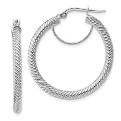 10k White Gold Twisted Round Omega Back Hoop Earrings - 3x25 mm