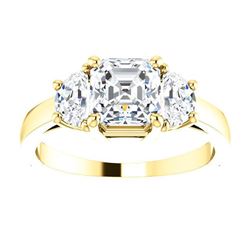 Natural 2.82 CTW Asscher Cut with Half Moons 3-Stone Diamond Ring 14KT Yellow Gold