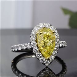 Natural 2.62 CTW Halo Canary Yellow Pear Shape Diamond Ring 18KT Two-tone