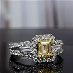 Natural 2.12 CTW Canary Yellow Halo Emerald Cut Diamond Ring 18KT Two-tone