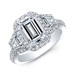 Natural 2.72 CTW Halo Emerald Cut & Trapezoids Diamond Engagement Ring 18KT White Gold