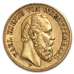 1874-1888 Germany Gold 10 Marks Wuerttemberg Karl Avg Circ