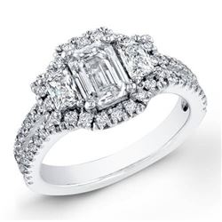 Natural 4.02 CTW Halo Emerald Cut & Trapezoids Diamond Engagement Ring 18KT White Gold