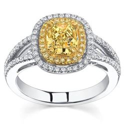 Natural 2.32 CTW Halo Canary Intense Yellow Cushion Cut Diamond Engagement Ring 14KT Two-tone