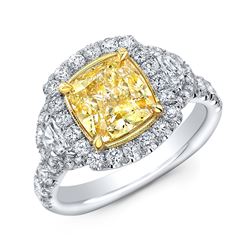 Natural 4.12 CTW Canary Yellow Halo Cushion Cut Diamond Ring 18KT Two-tone