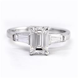 Natural 2.37 CTW Emerald Cut & Baguettes 3-Stone Diamond Ring 18KT White Gold