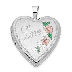 14k White Gold Enamel Flowers Love Heart Locket - 24 mm