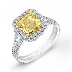 Natural 3.82 CTW Halo Radiant Cut Canary Yellow Split Shank Diamond Ring 18KT White Gold