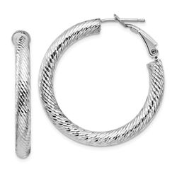 14k White Gold Diamond-cut Omega Back Hoop Earrings - 4x25 mm