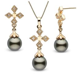 Black Tahitian Pearl and Diamond Cross Pendant and Earring Set