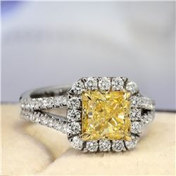 Natural 2.52 CTW Halo Yellow Cushion Cut Diamond Engagement Ring 18KT Two-tone