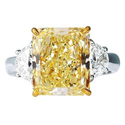 Natural 4.03 CTW Canary Intense Yellow Cushion Cut & Half Moons Diamond Ring 14KT White Gold
