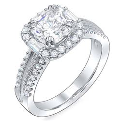 Natural 2.82 CTW Halo Square Cushion Cut & Baguettes Diamond Engagement Ring 18KT White Gold